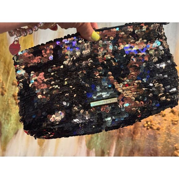 VS victorias secret black/gold sequin clutch toiletry/cosmetic makeup case/bag - Picture 2 of 5